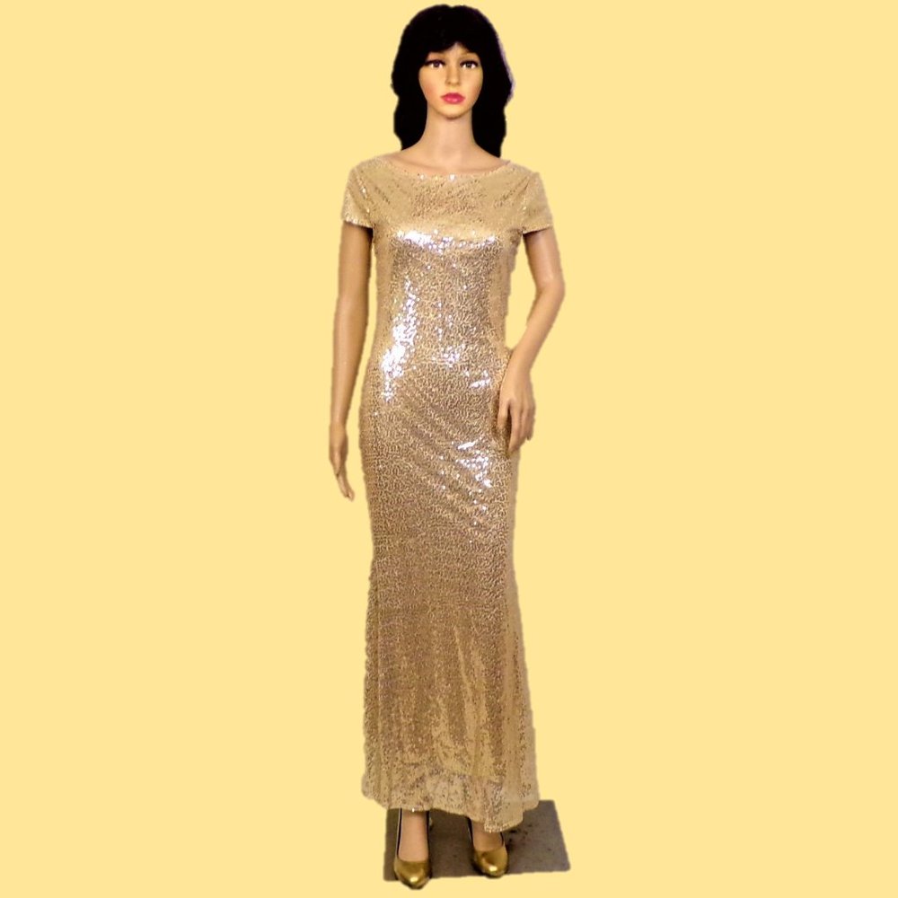 RUIYIGE size M gold sequined short-sleeve full-length party/special-event dress